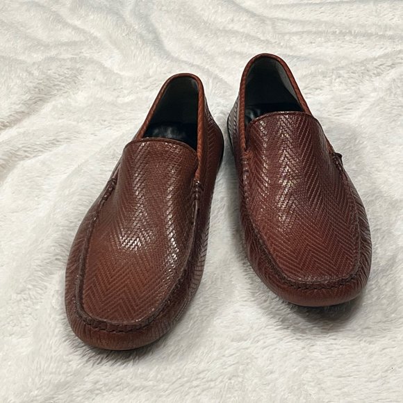 Karl Lagerfeld Paris Drivers Herringbone Leather Cognac Loafers, 9.5